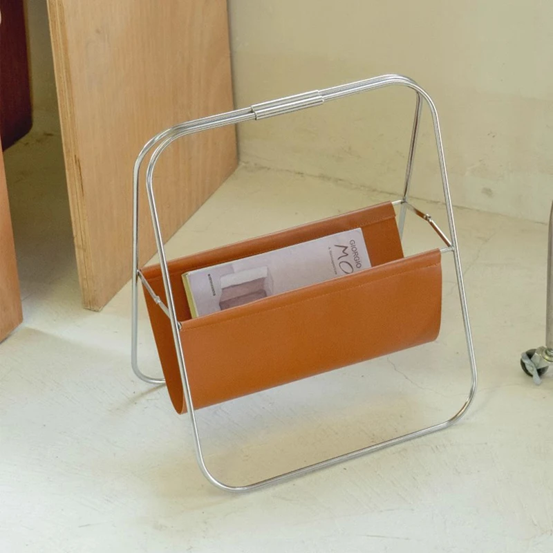 Nordic Vintage Metal Leather Magazine Rack MidCentury Foldable Newspaper Holder Floor Standing Book Storage Shelf Furniture FYMR