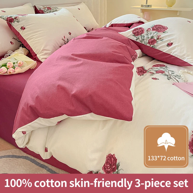 Small Fresh Rose Flower 100 Cotton Bedding Set,Soft, Breathable,Fade Resistant Includes 1