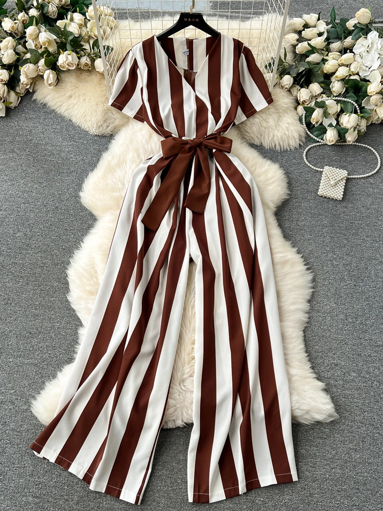 

Женский комбинезон в полоску, длинный комбинезон без рукавов с V-образным вырезом и бантом, лето 2024