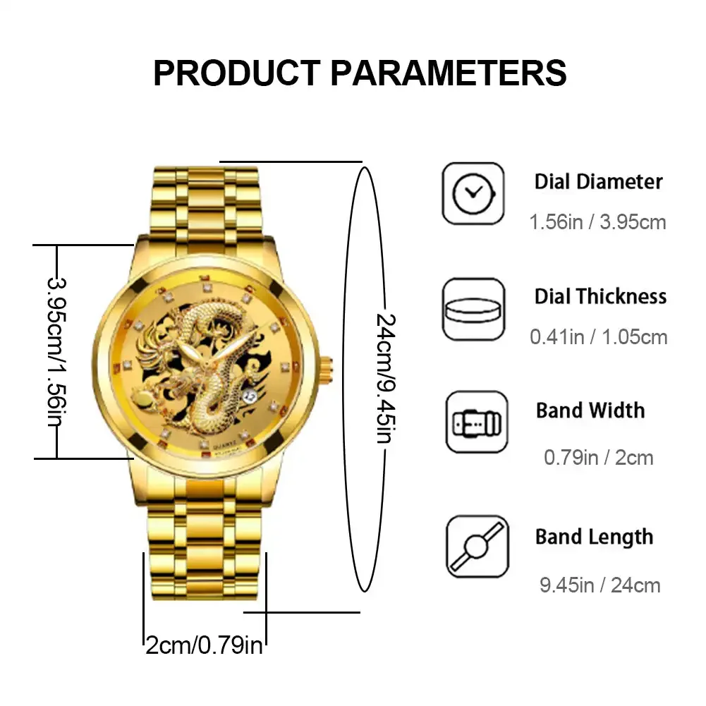 Luxury Delicate Trendy Men Fashion 3D Gold Dragon Calendar Watch Set Men Quartz Stainless Steel Watches 6
