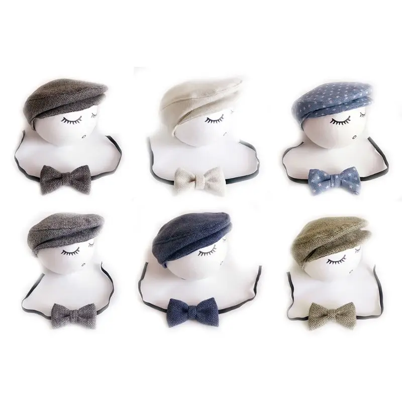 

Newborn Photography Props Flat Cap Bow Tie Sets Boy for Photo for bebe Gatsby Hat Beret Hat Bow Tie