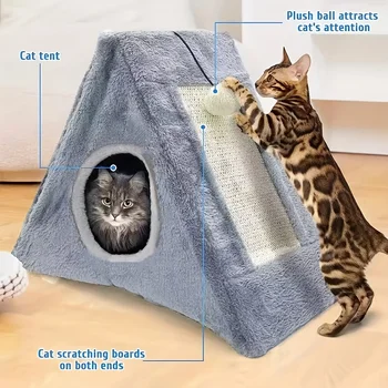 Pet bed suitable for cats under 15 pounds with plush toy ball cat scratching board 4