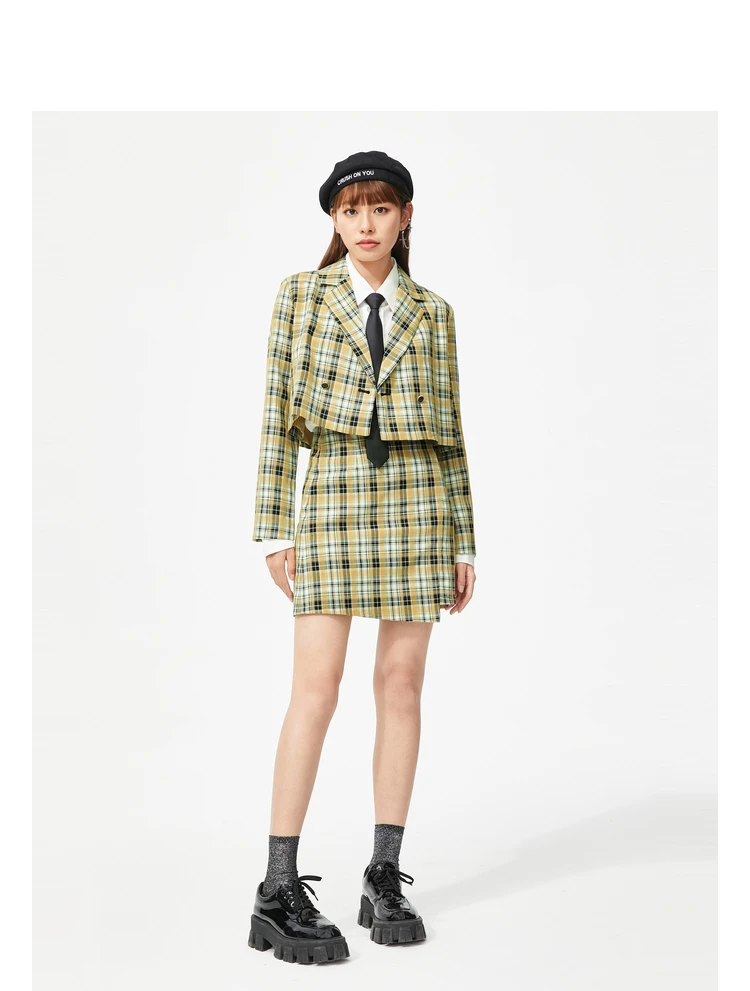 A21 Summer 2022 High Waist Yellow Plaid JK Skirt for Women Asymmetrical Slim A-line Ladies Chic Mini Skirt Clothes skirt and top