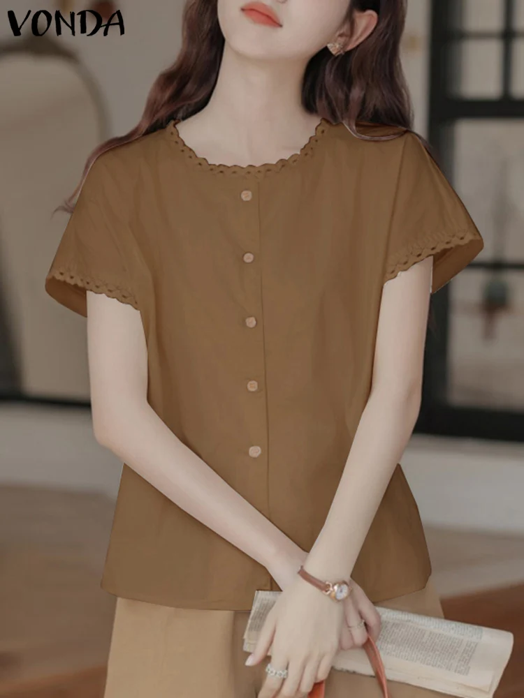 

Модные женские Топы VONDA 2024, летние элегантные блузки с коротким рукавом, однотонные рубашки, повседневные свободные блузы, женские блузы, Офисная уличная одежда