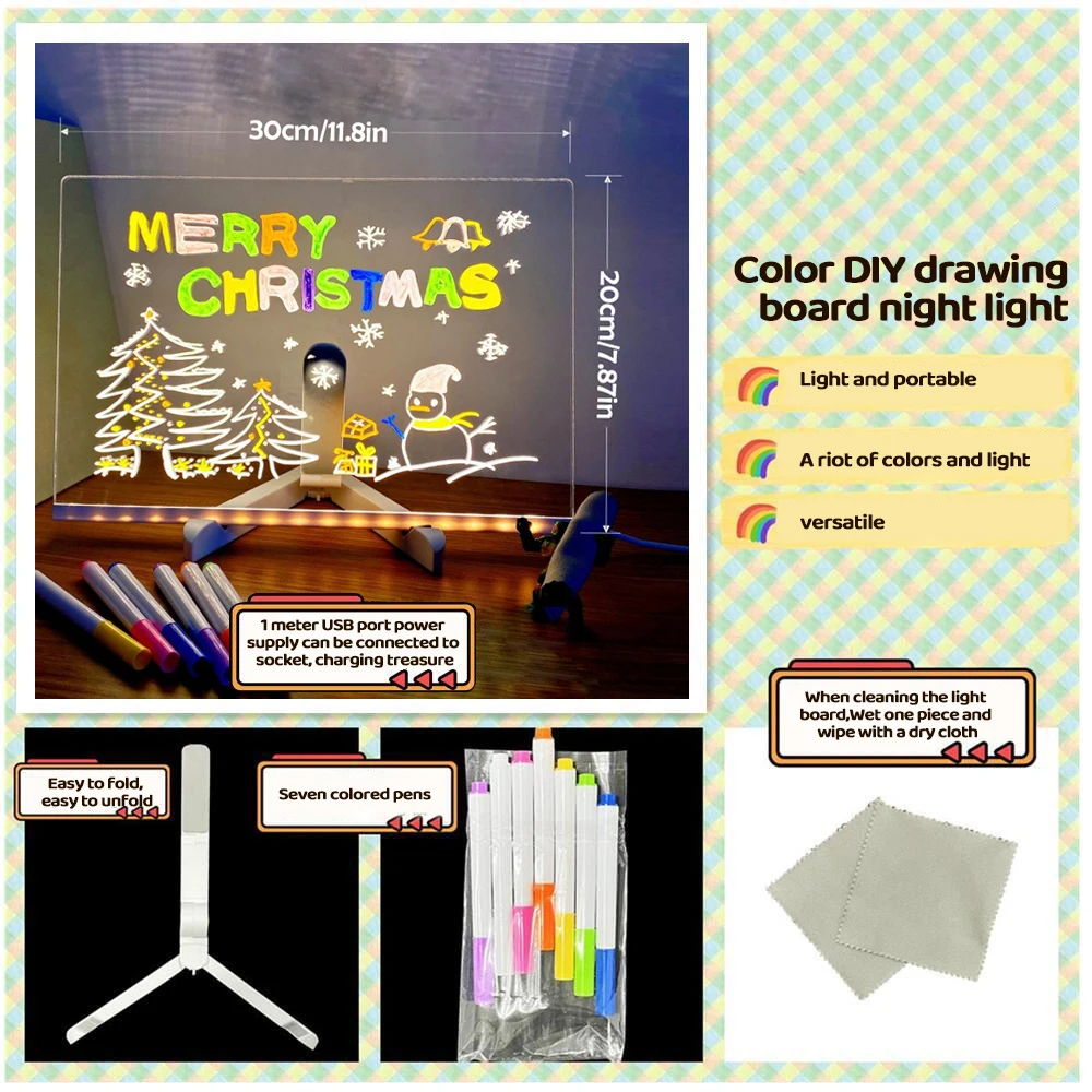 LED Note Board With Night Light Colorful 7 Pens DIY Acrylic Message Board Children‘s Drawing Board For Kids Birthday Gift 5