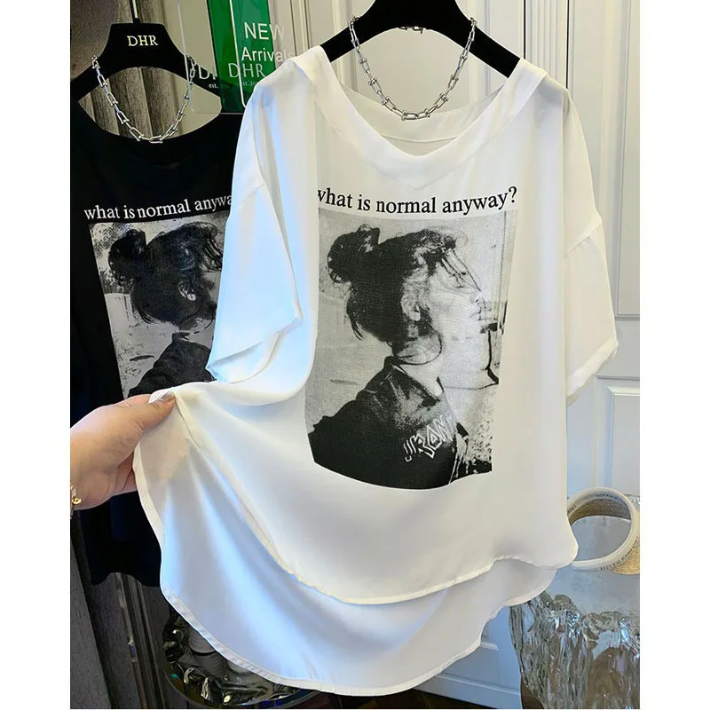 

Sandro Rivers Oversized Loose Thin Chiffon T-Shirt With Head Print New Design For Female Summer 2023 Niche Short Sleeved Blouse