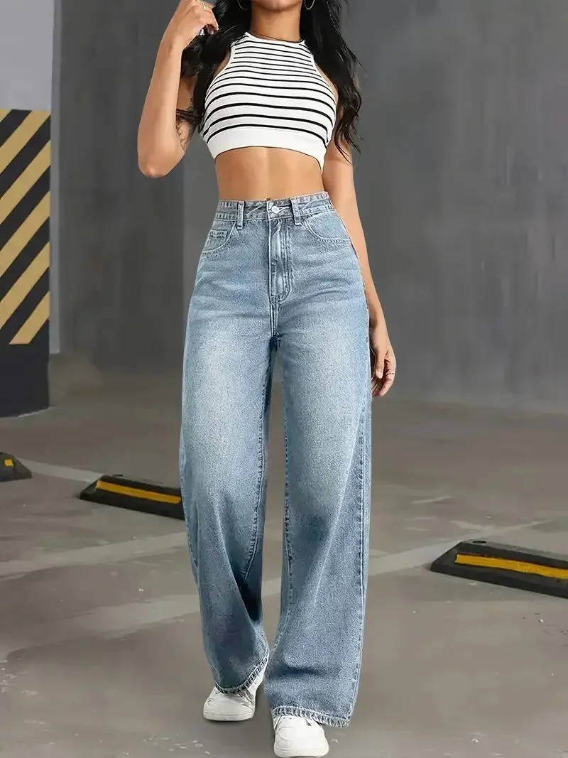 Y2k Jeans Jeans for Woman Classic Blue Elastic Straight Leg Simple Design Retro Style Stretchy Denim Trousers 4