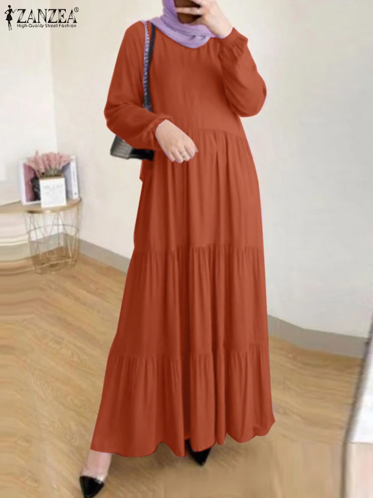 

ZANZEA Women Maxi Long Dress Vintage Autumn Long Sleeve Ruffle Sundress Casual Muslim Abaya Party Vestido Robe Femme Eid Mubarek