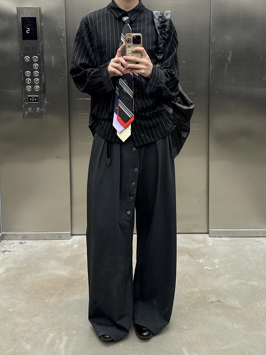 REDDACHiC Men Buttoned Pleated Front Suit Trousers Cleanfit Black Elastic Waist Wide Leg Dress Pants Office Work Casual Clothes