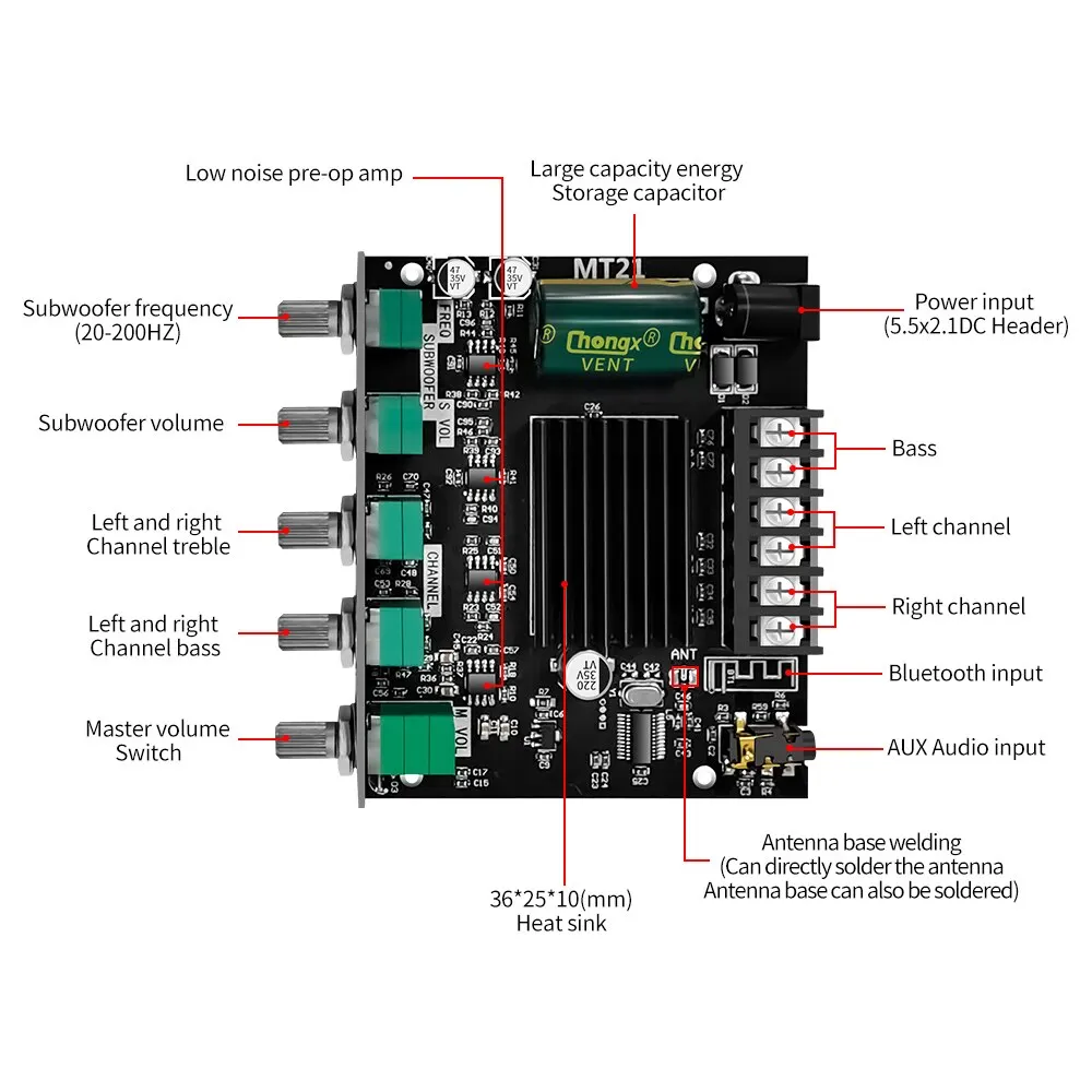Audio Amplifier Board ZK-MT21 Channel Bluetooth 5.0 CS8673E 2.1 Subwoofer Amplifier Board 50W*2 +100W Power Stereo Bass AMP AUX