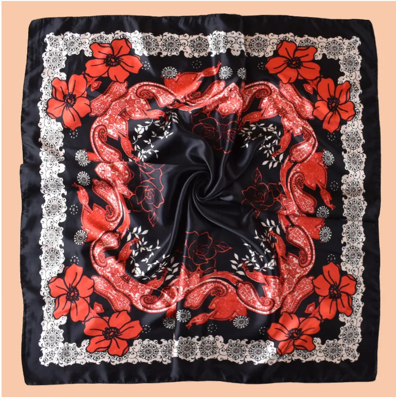 Luxuriöser Hijab-Schal aus Seidensatin für Damen, bedrucktes Kopftuch, Haarschals, 90 cm x 90 cm, quadratischer Schal, Wickeltücher, Halstücher für Damen – Detail 12