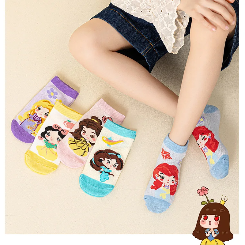 5 Pairs Disney Kids Socks Mesh Breathable Ice Thin Socks Summer Kawaii Cartoon Childrens Mid-calf Cotton Sock for Girls 6
