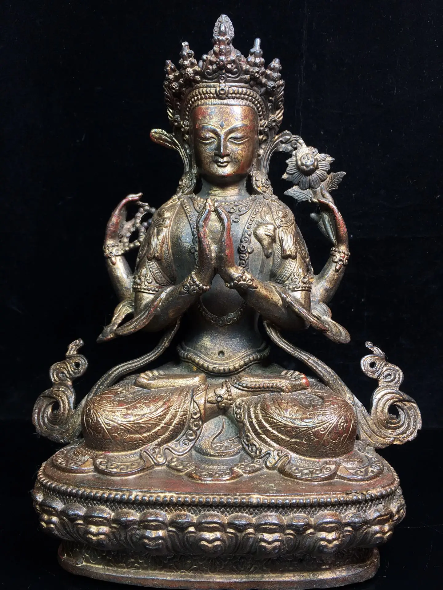 

12"Tibetan Temple Old Bronze Cinnabars Four-armed Guanyin Bodhisattva Buddha Lotus Terrace worship hall Town House Exorcism