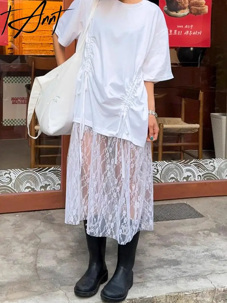 

Tannt Women Dress Lace Patchwork Irregular Black White T-shirt Dresses Asymmetry Loose Long Summer Dresses Women 2024 New