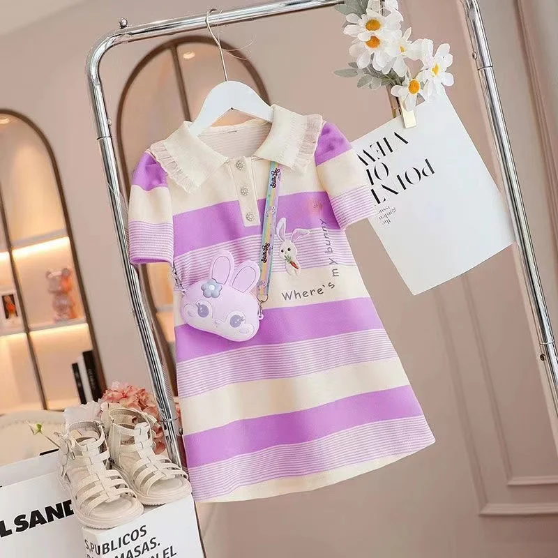 

Girl's Dress Summer New Children's Cartoon Polo Dress Girl's Short Sleeve Striped Princess Dress Kids Clothes