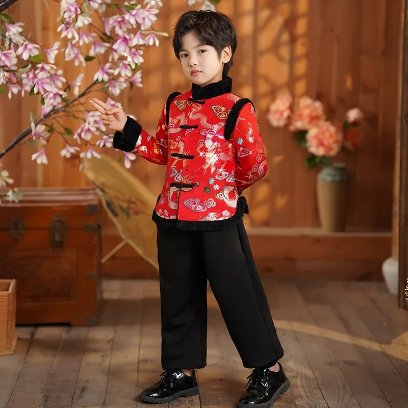 

Новогодний комплект Hanfu для мальчиков, Детский костюм в китайском стиле Хань, платье чонсам, зимний костюм Тан для детей, новогоднее платье, одежда для мальчиков