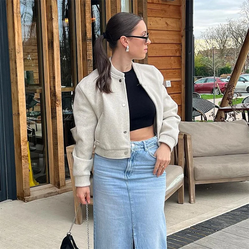TRAF 2024 Women Jacket Cropped Bomber Jackets For Women Beige Black Tweed Jacket Woman Fashion Long Sleeve New In Short Coats 5