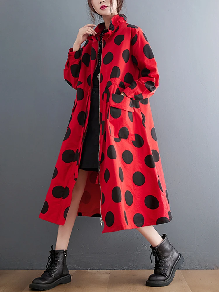 2025 Autumn Winter Oversized Polka Dot Long Trench Coat For Women Clothes Stand Collar Drawstring Fashion Casual Loose Outerwear