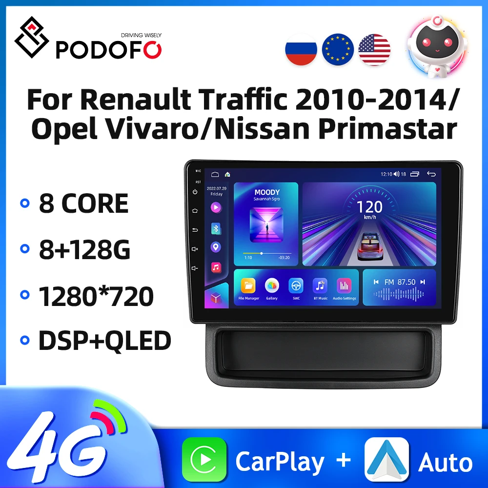 

Автомобильная аудиосистема Podofo 10,1 дюйма 2Din для Renault Trafic 2010-2014/ Opel Vivaro/Nissan Primastar мультимедийный плеер Carplay Android авто