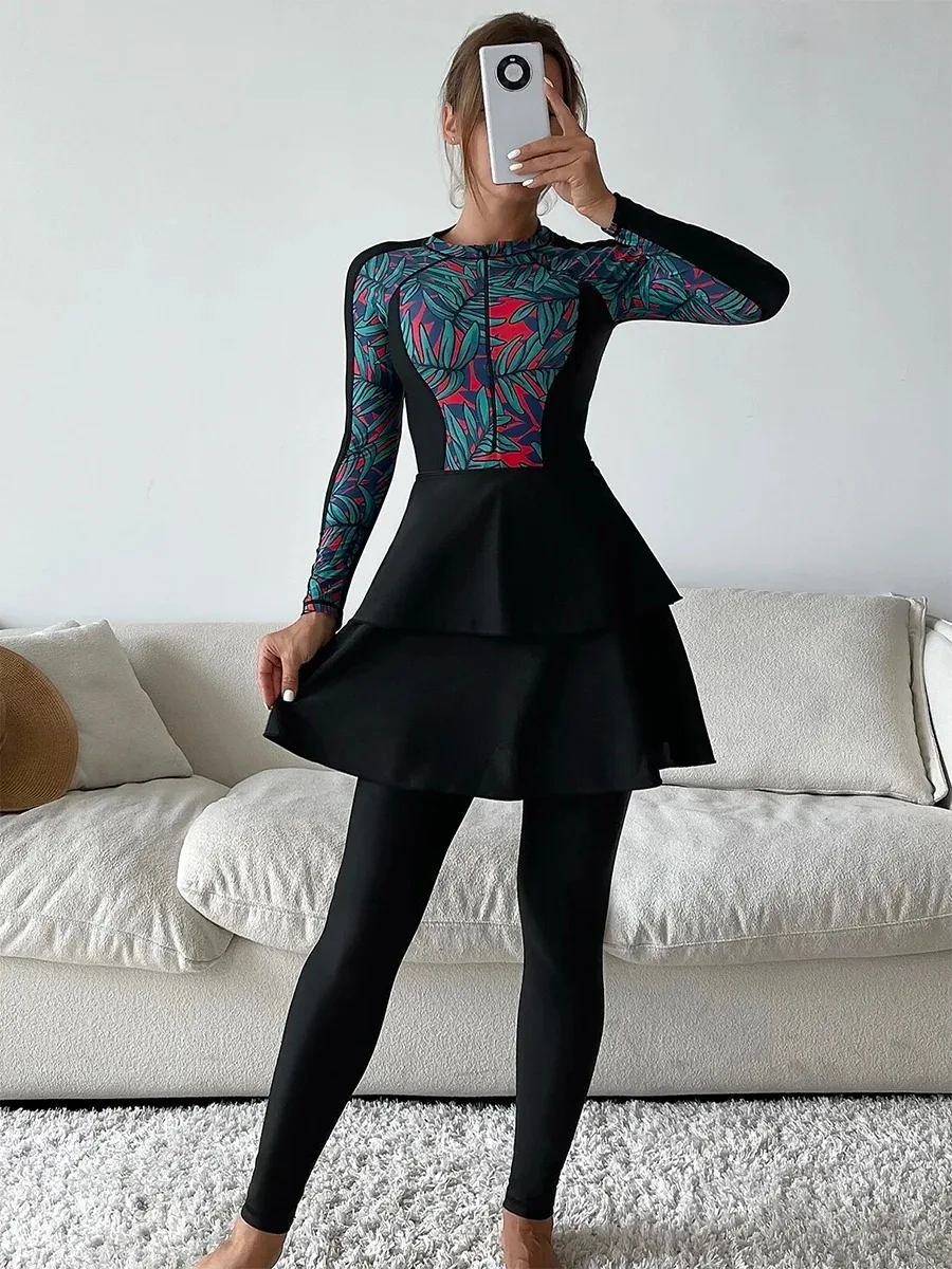 Burkini islamique à manches longues pour femmes, maillot de bain musulman, hijab, pantalon, haut léopard, modeste, ensemble de 3 pièces