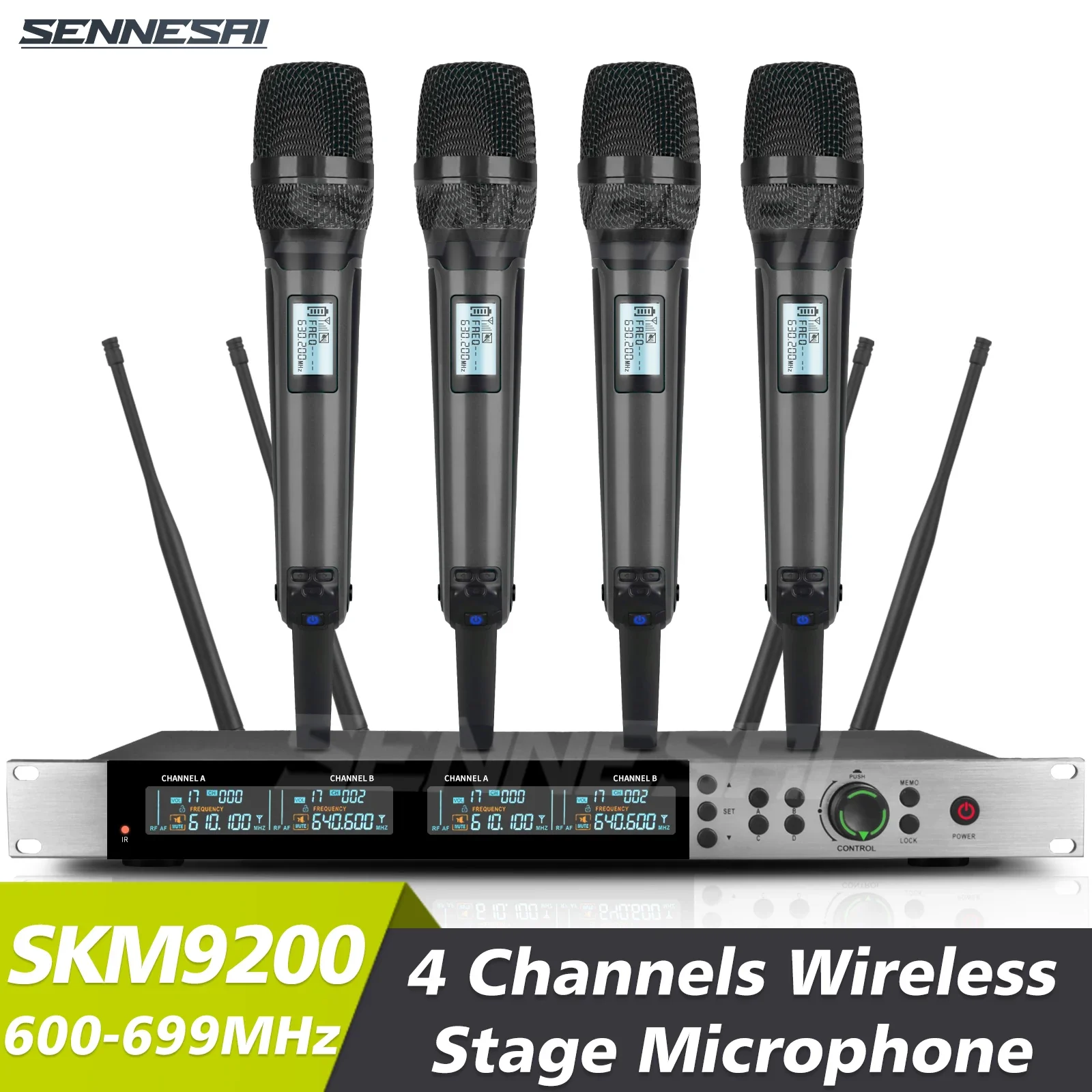 SKM9200/9000 Wireless Microphone (Whole Metal)  4 Channels UHF Professional Mic Dynamic Handheld For Party Karaoke Church Stage