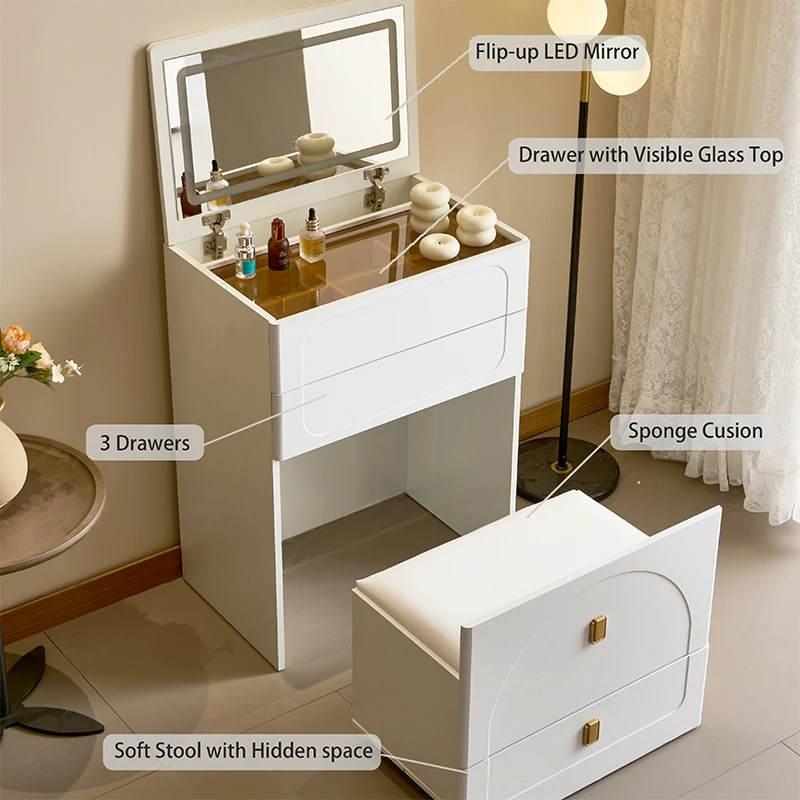 3-in-1 Dresser with Flip-Up Mirror and Light, Small Dresser Set with Visible Glass Tabletop, 3 Drawers, Storage Bench, 3-Color I - Image 5