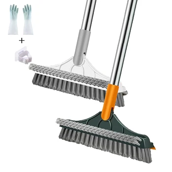 Scrub Brush Tile Cleaner Brush with Scraper with Squeeze 3-Section Adjustable Bathroom Brush with Long Handle V-Shaped Bristles 1