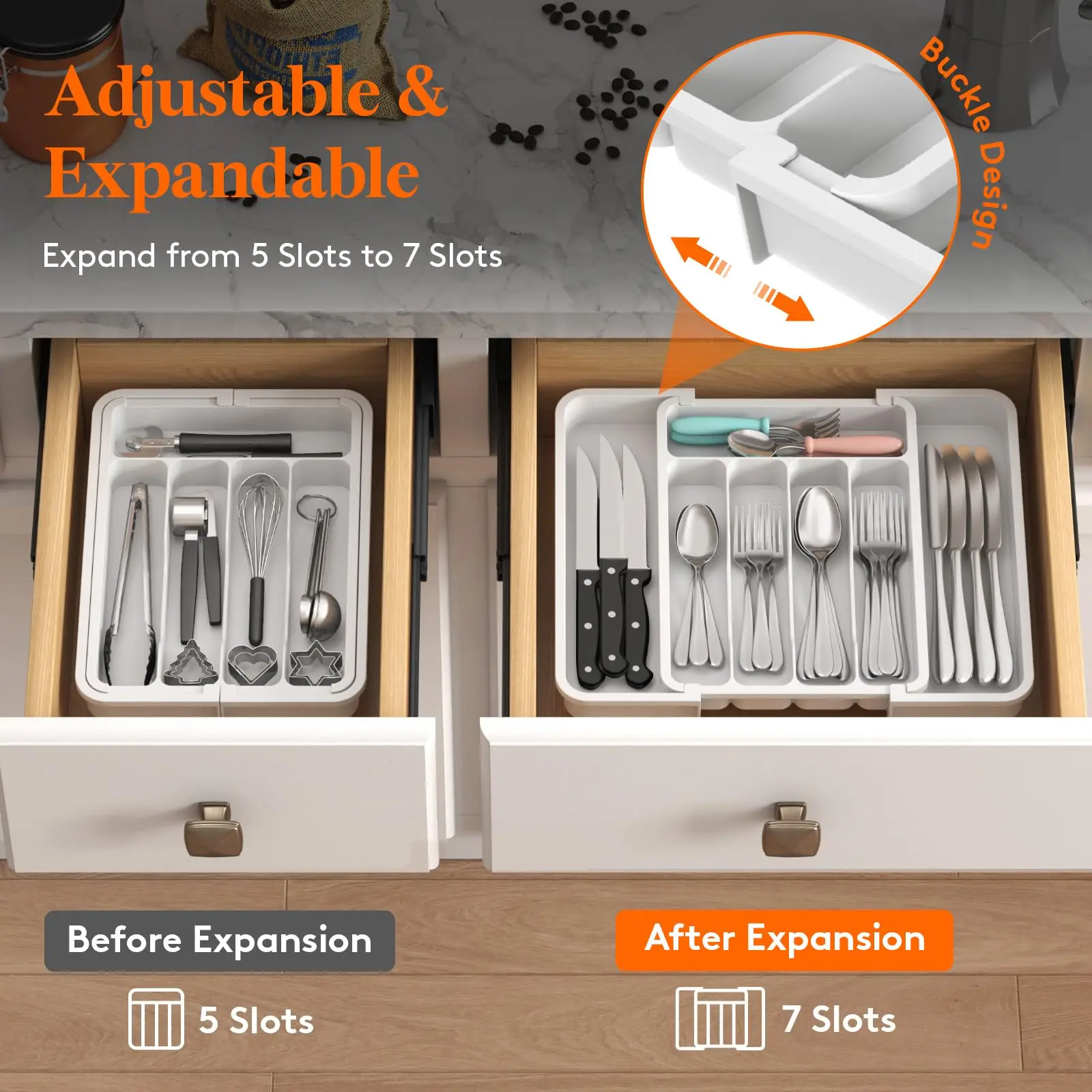 New Popular Adjustable Cutlery Organizer - Upgraded Plastic Storage Tray with Dividers Fork and Knife Drawer Organizer