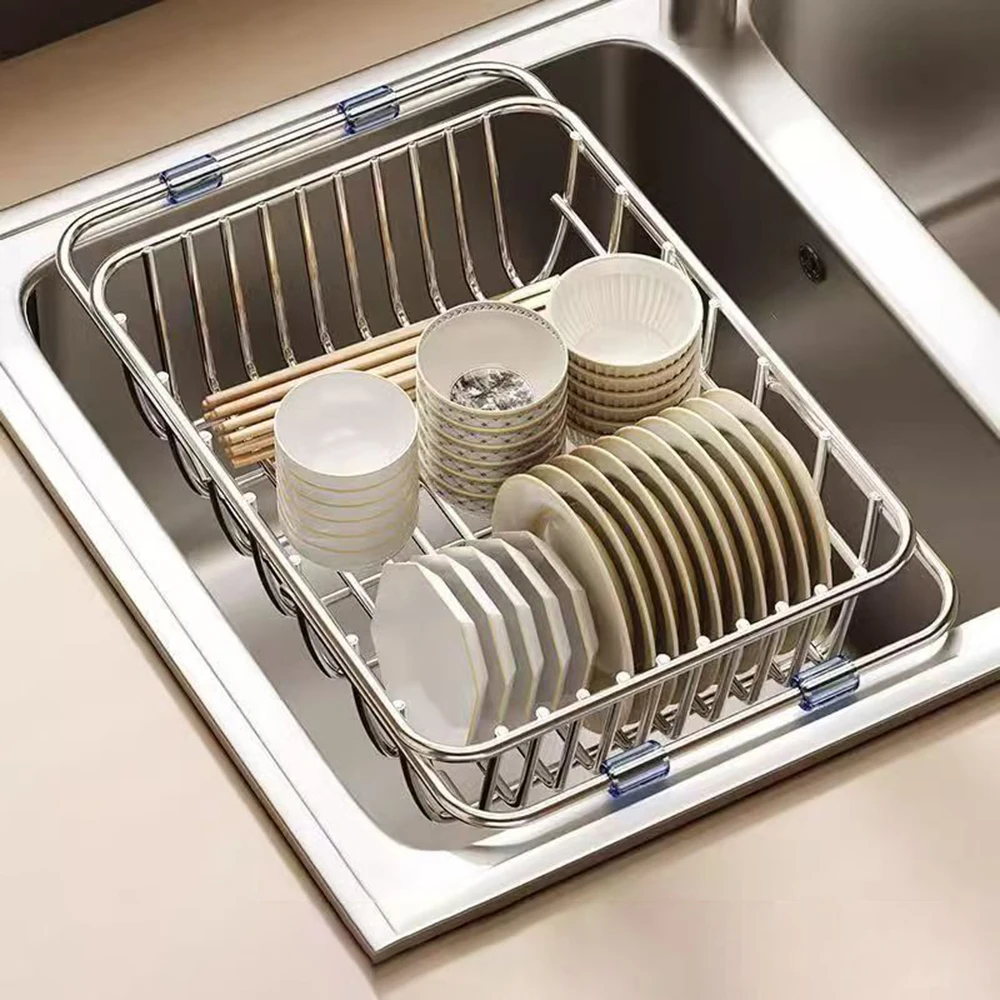 Household Stainless Steel Sink Drain Rack, Telescopic, Non-Slip, Dish Drying Rack, Kitchen, Bathroom, Countertop Organizer Rack 4