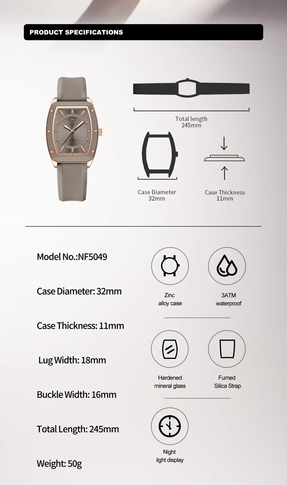 NAVIFORCE NF5049 Women Quartz Watches Silicone Strap Student Sports Watch Big Dial Simple Tonneau Waterproof Wristwatches 2