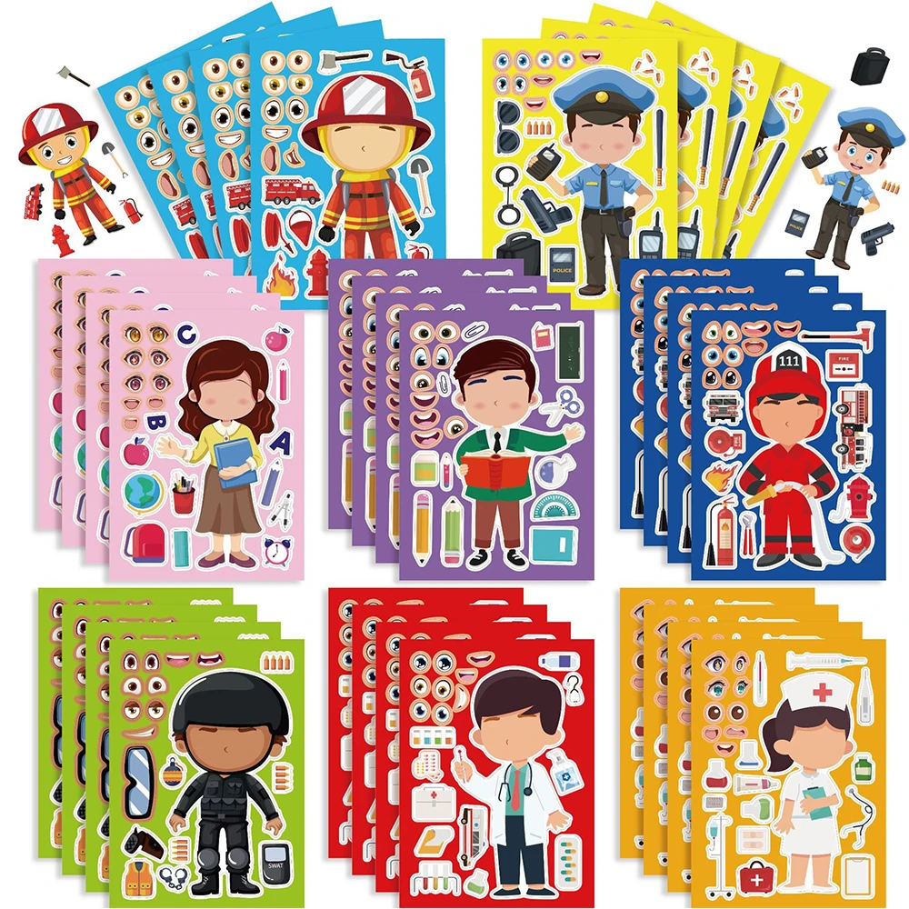 8/16Sheets Cute Career Change Cartoon Puzzle Stickers Make-a-Face Funny Assemble Jigsaw DIY Cartoon Sticker Kids Educational Toy car trump sticker funny architecture stickers make america great again vinyl automobile funny bumper sticker for car decor