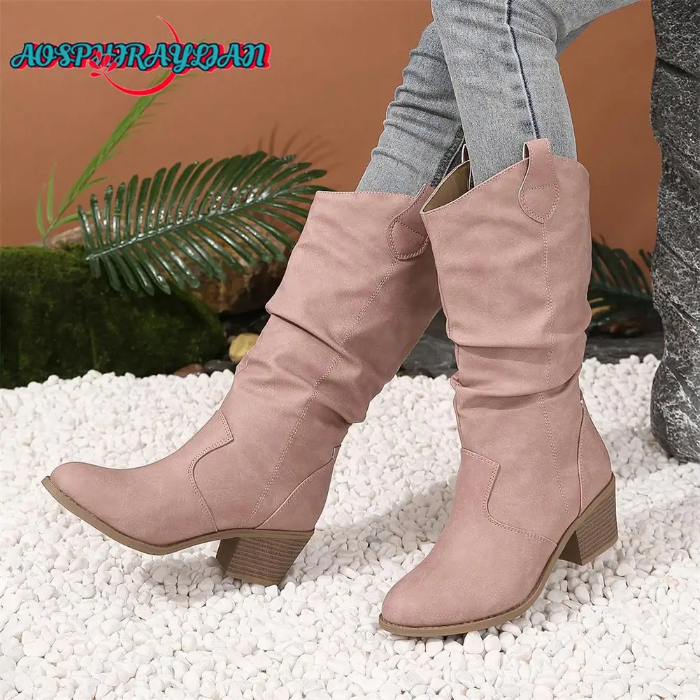 New Ladies Mid-Calf Boots Fashion Slip-on Chunky High Heels women's Western Cowboy Boots Casual Party Vintage Retro Shoes Woman