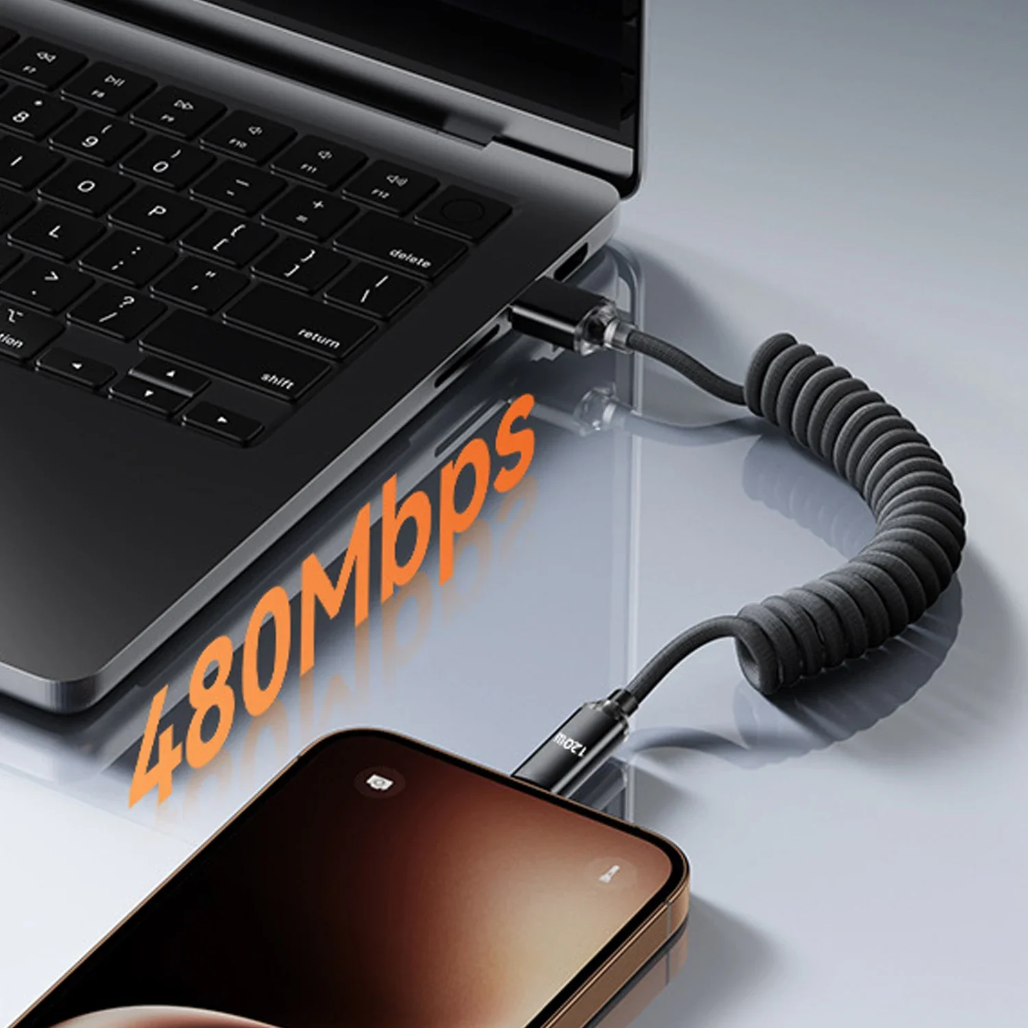 Digital 120W Car Spring Data Cable Retractable Type C To Type C Fast Charging Cable for iphone 15 16 Xiaomi USB Type C Cable