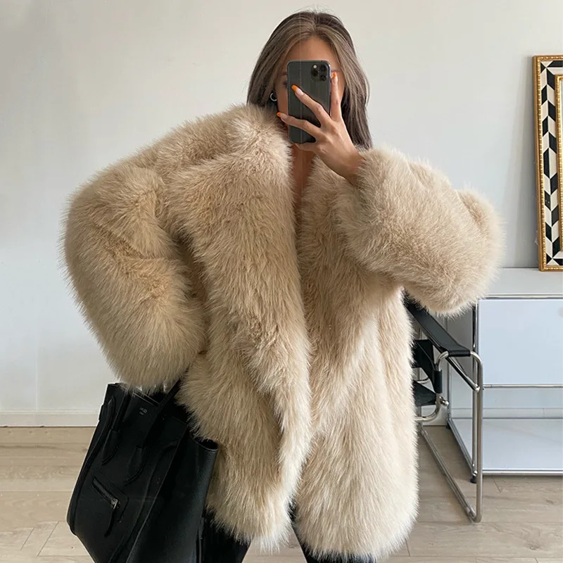 

Lapel Fur Coat Artificial Fur Jacket Loose Korean Version Medium Length Jacket Women Clothing