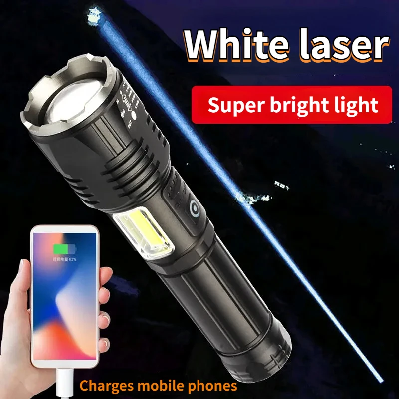 

White Laser LED Strong Light Tactical Flashlight USB Rechargeable Flash Torch COB Side Light Outdoor Camping Fishing Patrol Tool