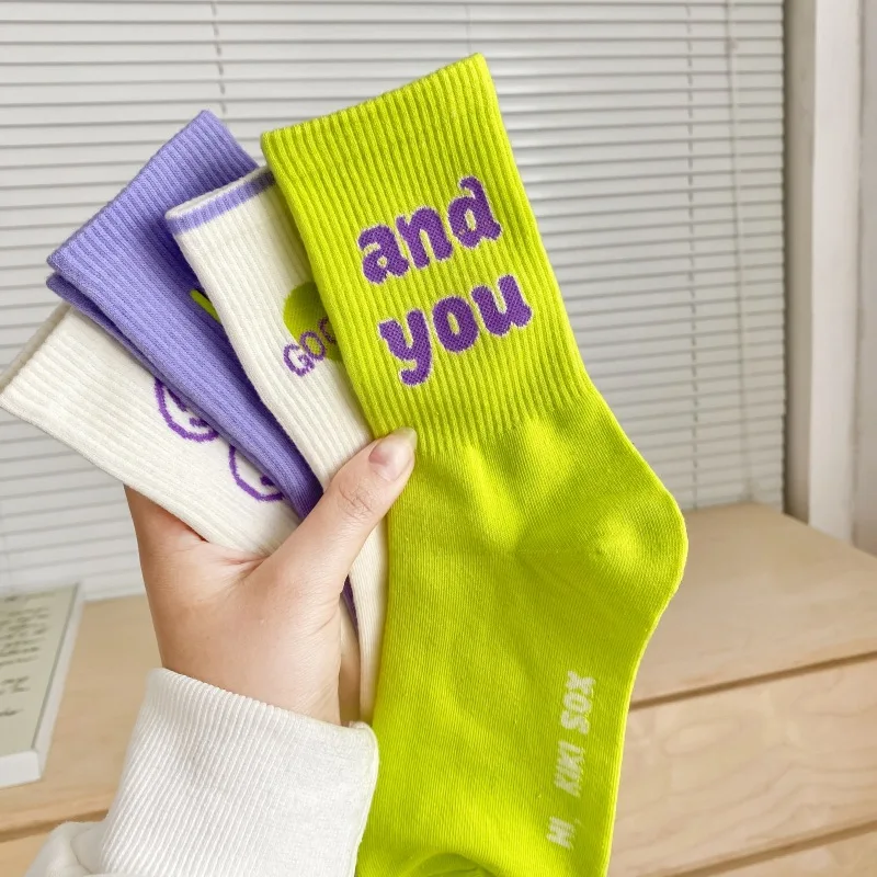 

New Women Socks Korean Style Color Letter Fashion Sports Socks For Girls Breathable Middle Tube Casual Female Crew Socks Funny