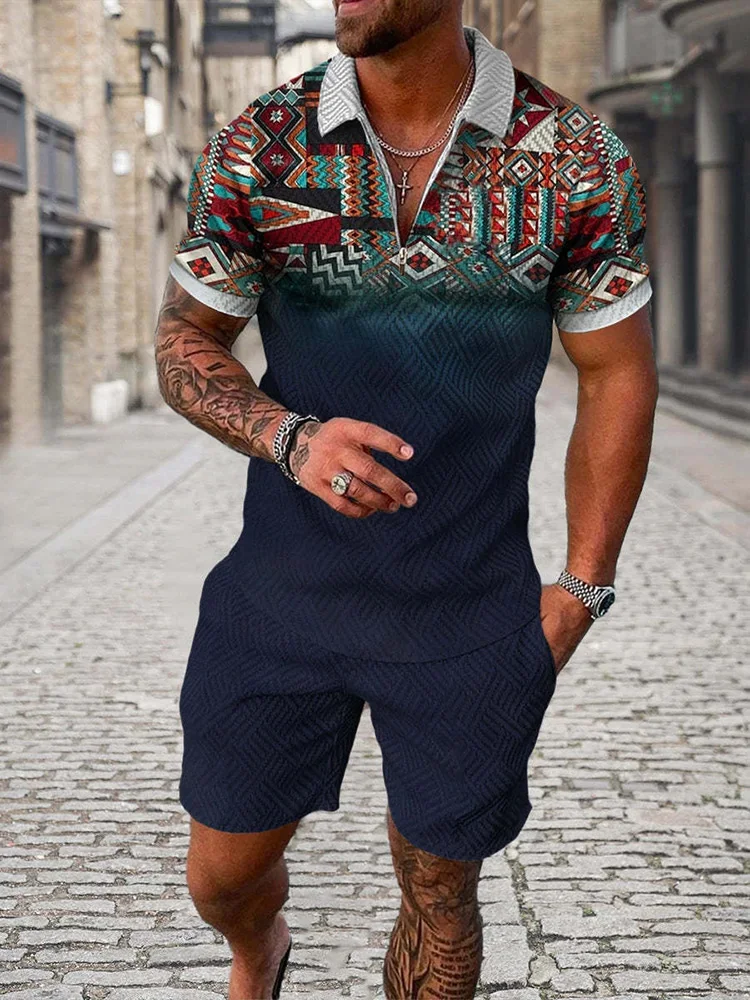 Men's Summer New Sports Suit Casual Summer Short Sleeve Polo Shirt Shorts Suit Two-piece Men's Geometric Printed Clothing Men's