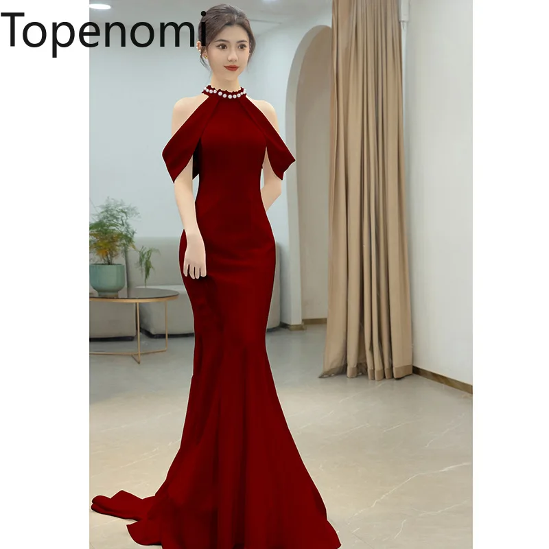 

Topenomi 2024 New Mermaid Wine Red Beaded Halter Party Dresses Women Elegant Off Shoulder Waist Slim Evening Formal Dresses Gown