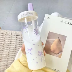 Original Purple Bow Water Cup with Straw - Cute Bubble Tea & Coffee Plastic Bottle, Large Capacity - Large Capacity (Purple 850ml)