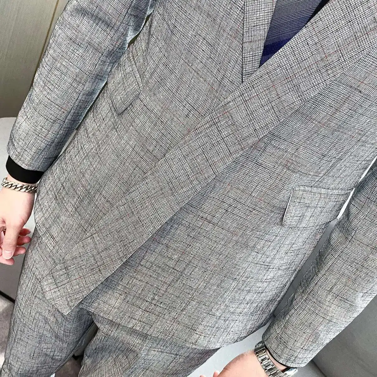 Asymmetry Blazer Lattice Suit Wedding Dress Two Piece Men Tuxedo Suit
