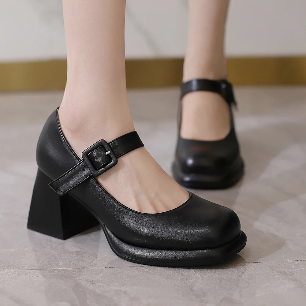 

free shipping New Platform Square Toe Pumps Women Shoes 8cm Chunky Heels Beige Anti-drop Pimp Buckle Pumps Sapatos femininos