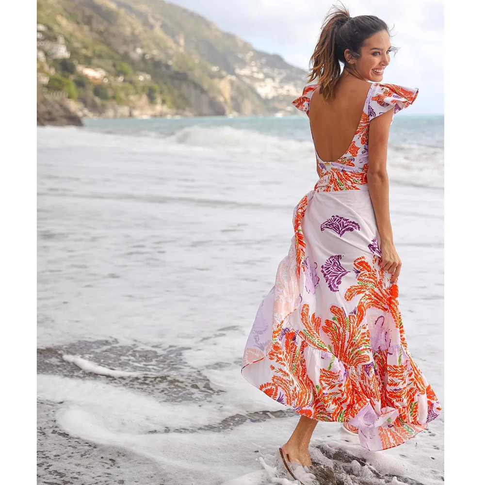 2023 New Printed Ruffled One-piece Swimsuit Chiffon Beach Skirt Two-piece Set Swimwear with Straps High Waist Backless Beachwear