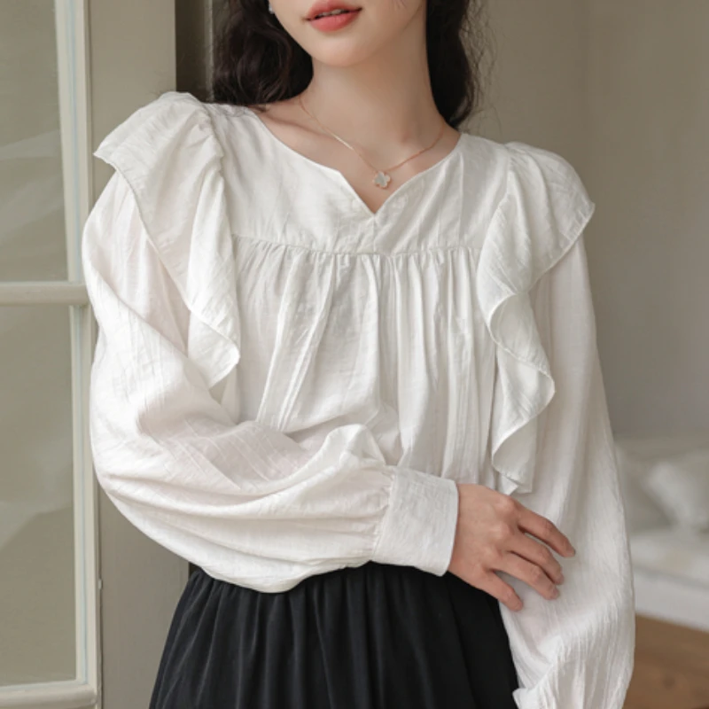

Dropshipping Fashion Elegant Chiffon Blouses for Women Long Sleeve V-Neck Lantern Sleeve Solid Ruffles Office Lady Tops Pullover