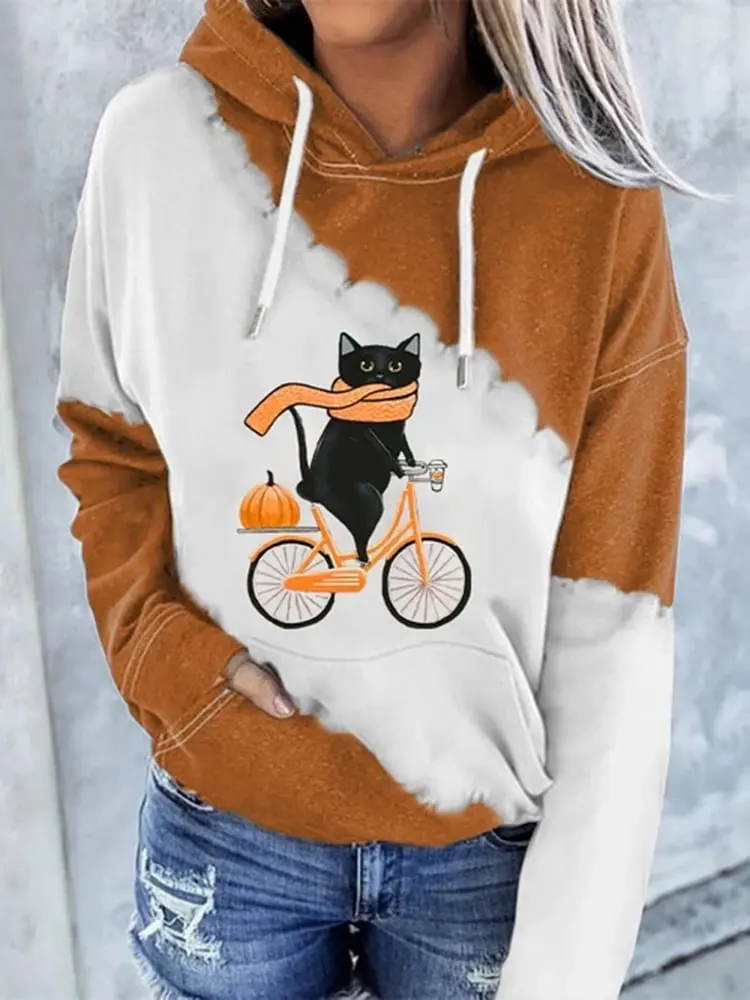 

Street Trend Contrasting Hooded Sweater Cute Cartoon Cat Print Fashion Jacket Vintage Style Women's Wear 2023