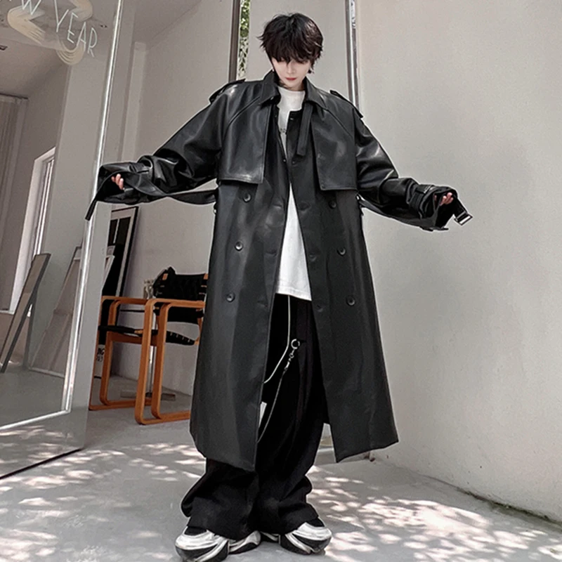 

SYUHGFA Men's Long Coat Mid Length Leather Trench Safari Style Niche Design Premium Streetwear Trend Male Pu Windbreakers