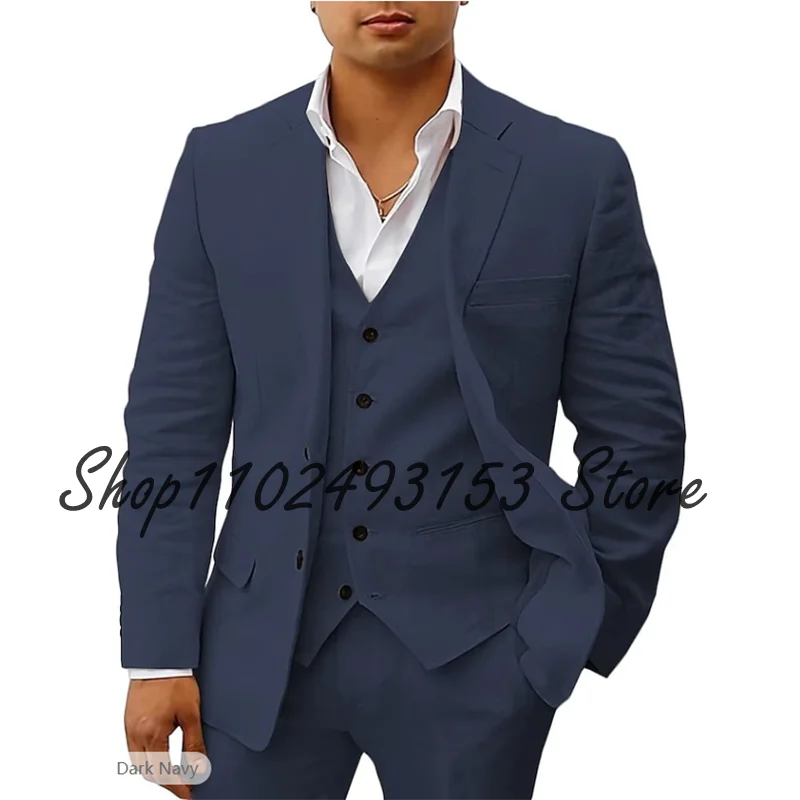 White Men's Linen Suits 3 Piece Casual Slim Fit Suits Groomsmen Tuxedos Wedding Summer Beach Costume Homme Blazer Vest Pants
