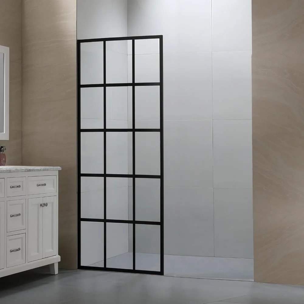 30x72 Inch Matte Black Grid Pattern Shower Screen with 8mm Tempered Glass, Reversible Installation