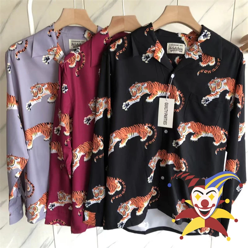 

Tiger Print WACKO MARIA Hawaiian Long Sleeve Shirt Men Women Vintage Shirts