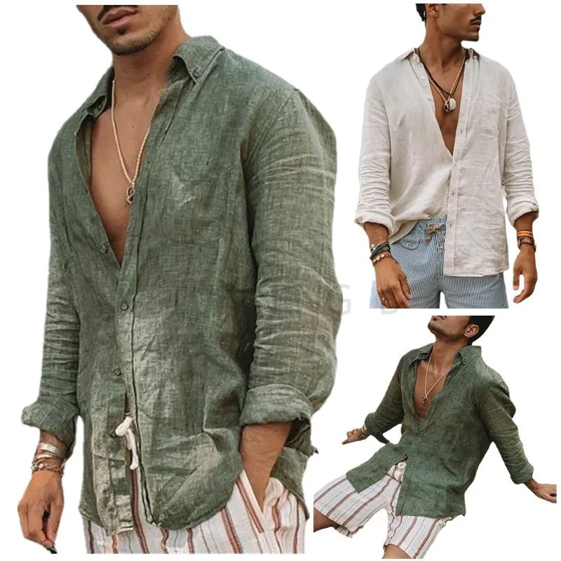 

2023 Men Casual Cotton Linen ShirtsStanding Collar Male Solid Color Long Sleeves Loose Tops Spring Autumn Handsome Men's Shirts