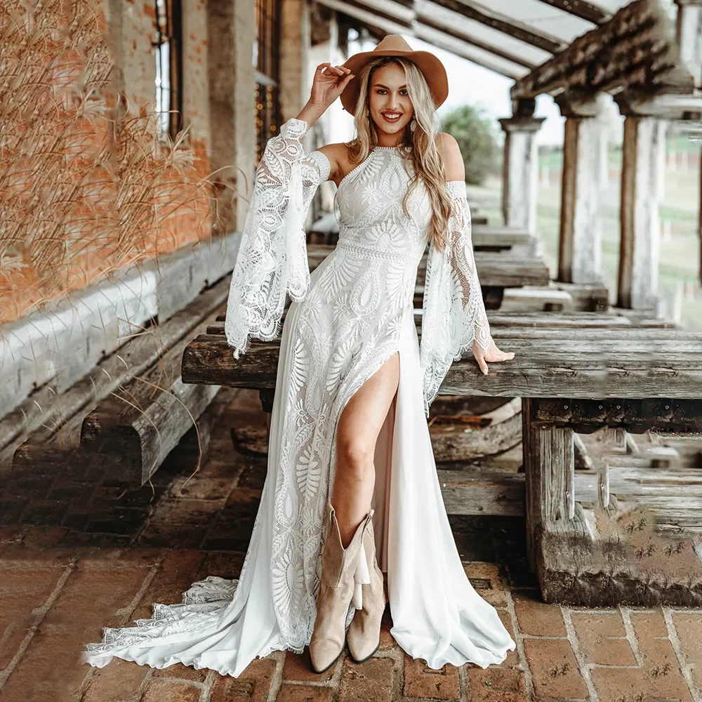 Boho White Wedding Dresses O-Neck Detachable Sleeves Lace Appliques Bridal  Gowns | eBay